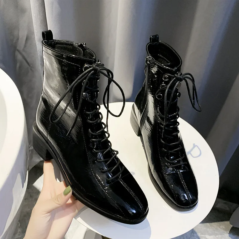 Retro Lace Up Motorcycle Boots Patent Leather women shoes ladies boots black Martin Boot Low Heel Short Cowboy Shoes |