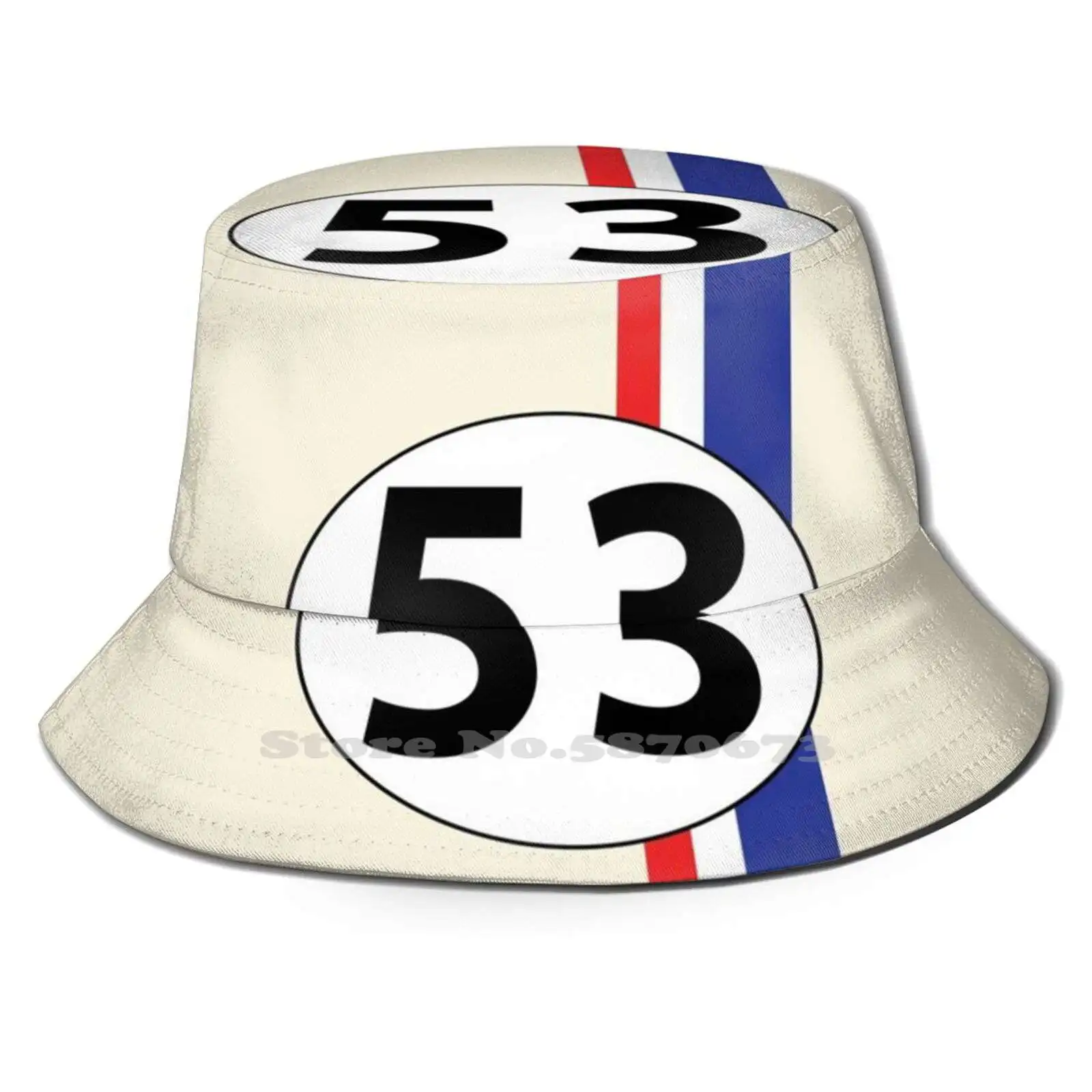 

Herbie, Number 53 Foldable Panama Bucket Hat Cap Race Car Race Car Racing Number 53 Fifty Three Red Stripe Blue Stripe Herbie