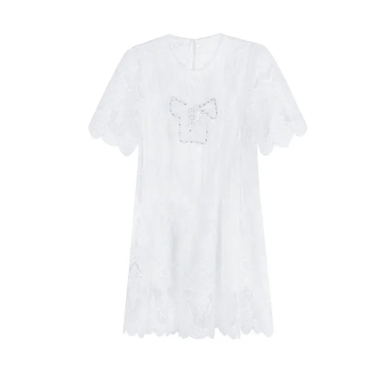 

XITAO Beaded Bow Lace Hollow Dress Summer Mid-length Style 2021 New Style Europe Temperament Heavy Industry Dreer WMD0777