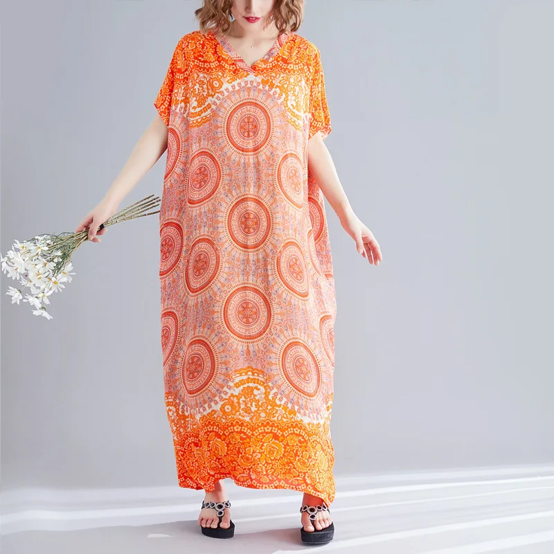 

Summer Dresses V-neck Short-sleeved Dyed Print Bohemian Beach Dress Robe Long Maxi Loose Casual Dress Robe Women 2021 Plus Size