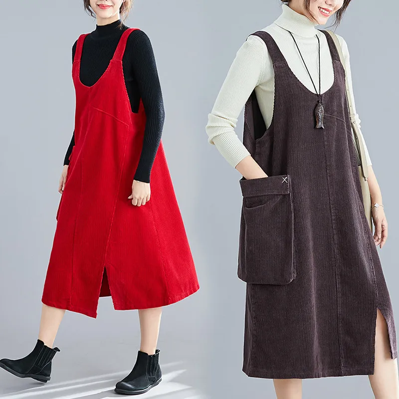 

Autumn Winter Women Vest Dress New Solid Loose Irregular Split Sexy Mid-long Corduroy Dress Loose Large Size Spring Dtrap Dress