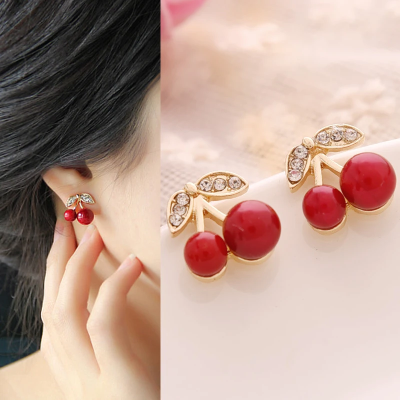 

Red Cherry Stud Earrings Women Simple Luxury Bling Crystal Stone Earrings for Women Wedding Jewelry Accessories Ear Stud