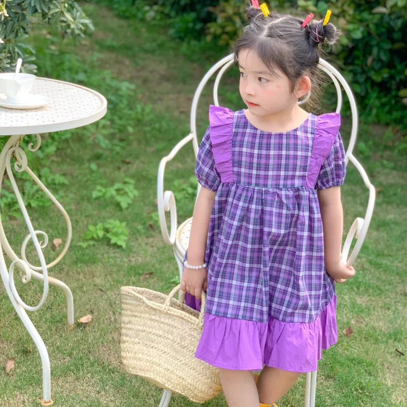 

Sleeves with Wood Ears Sleeve Kid Clothes 2021 Summer New Children's Baby Short-sleeved Princess Dress Girls Plaid Dress