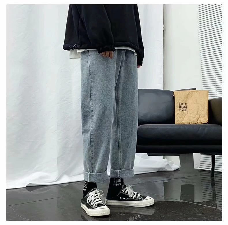 Retro Blue Gray Baggy Men Jeans Cool Boy Casual Elastic Waist Pants Wide Leg Long Retro Street Style Hip Hop Fashion Youth Brand