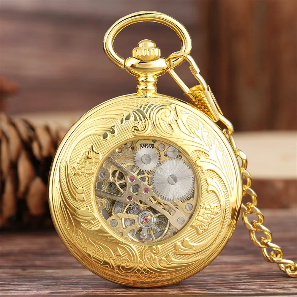 Gold Roman Numerals Black Dial Mechanical Hand Winding Pocket Watch Retro Shield Pattern Manual Mechanism Male Pocket Clock