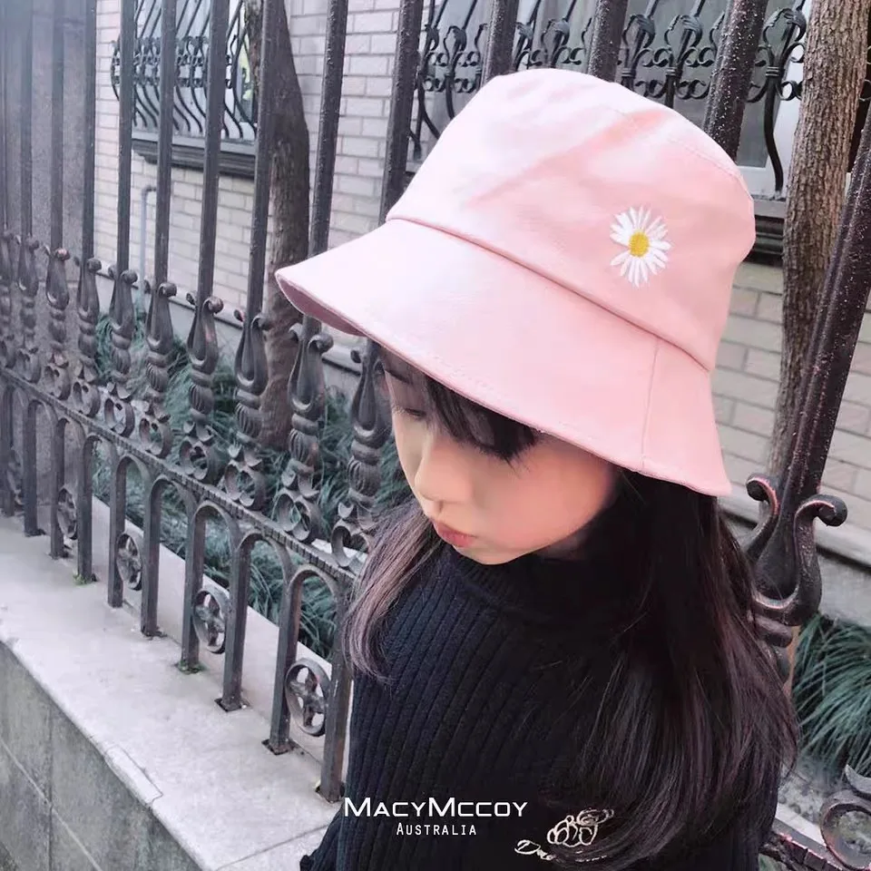 Panama For Women Spring Daisy Embroidered Bucket Hat Women's Flat Top Cotton Panama Summer Short Brim Cover Outdoor Sun Hat