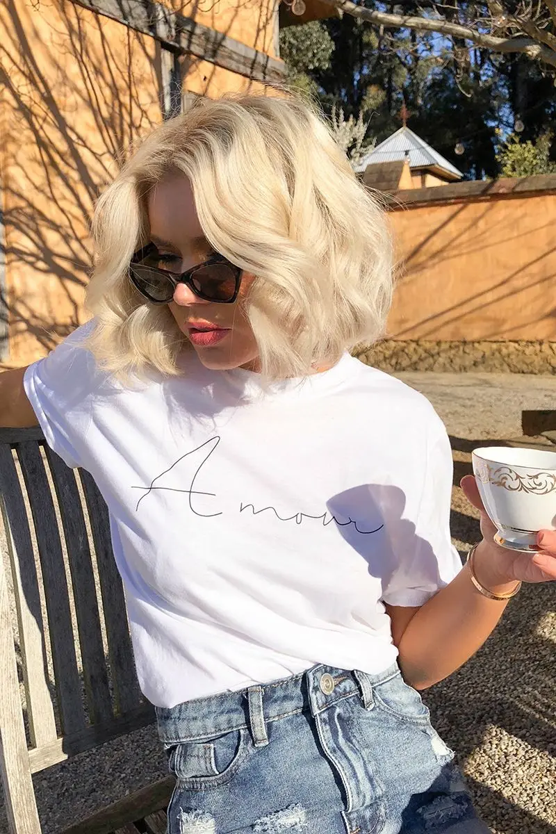 Женская мода Франция Amour футболка с буквенным принтом короткий рукав