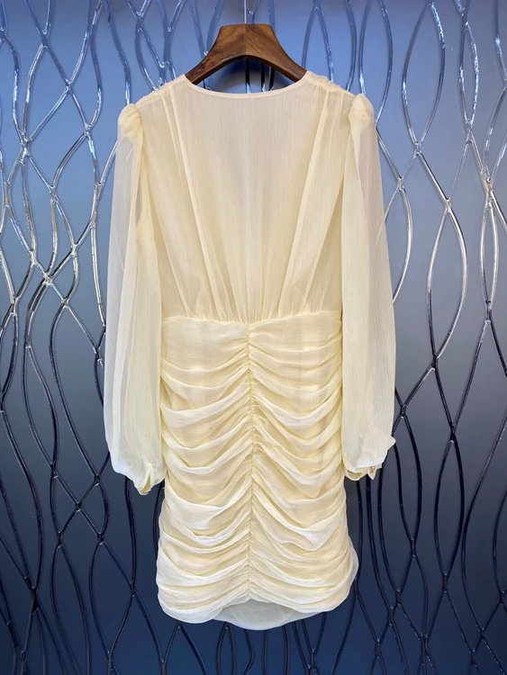 

2021 early spring new fashion women's V-neck solid color decoration wrinkled mesh long-sleeved dress 115