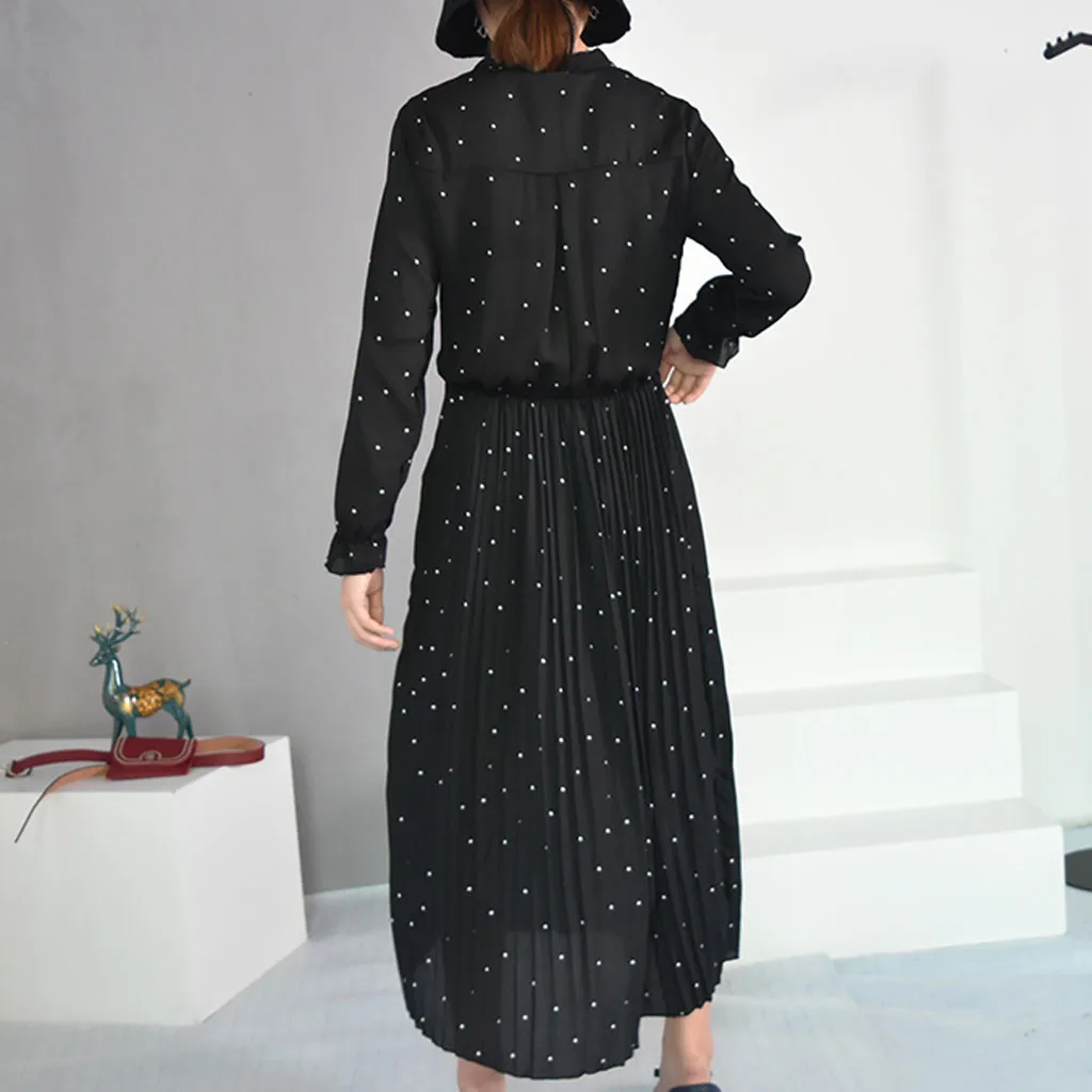 Женское шифоновое платье с v образным вырезом черное свободное в горошек размера
