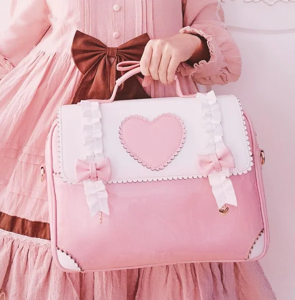 

Japanese student sweet lolita backpack vintage falbala cute bowknot love kawaii girl handbag loli cos gothic lolita shoulder bag