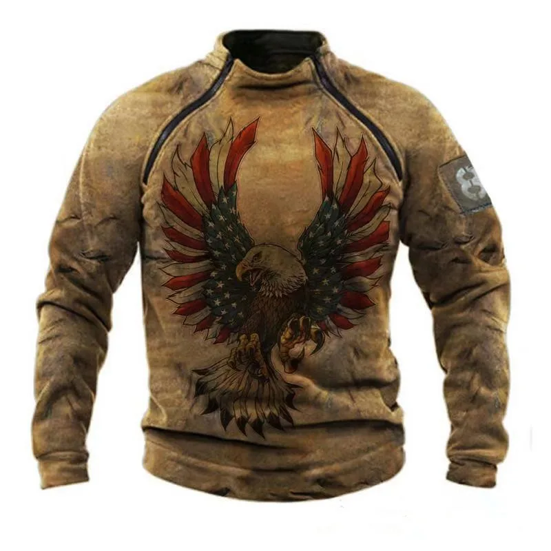 

2021 Autumn Winter Vintage Mens Hoodies Fleece Liner Oversized Sweatshirt Fashion Printed Eagle Long Sleeve Pullover Men Tops