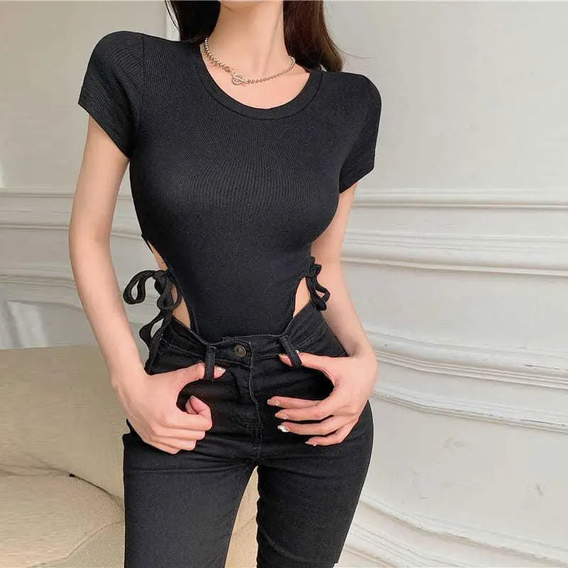 

Tie Up High Waist Solid Bodysuit Short Sleeve Sexy Body Suit Romper Round Neck Show Waist Women Bodycon Short Jumpsuits New 2021