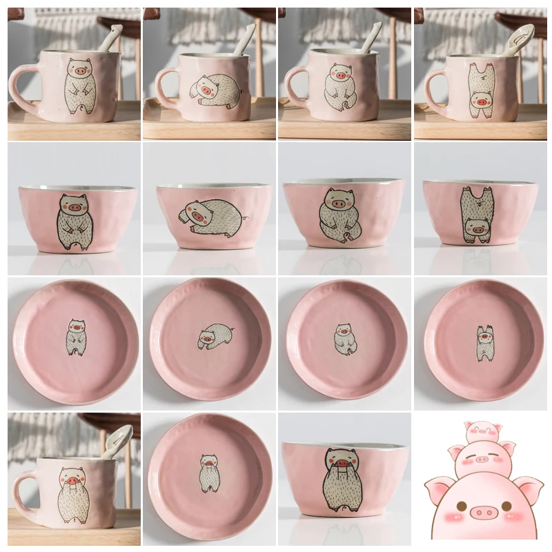 

Japanese Handmade Ceramic Mug Creative Pig Stoneware Coffee Mug Funny With Spoon Cartoon Cute Tazas De Cafe Drinkware EB5MK