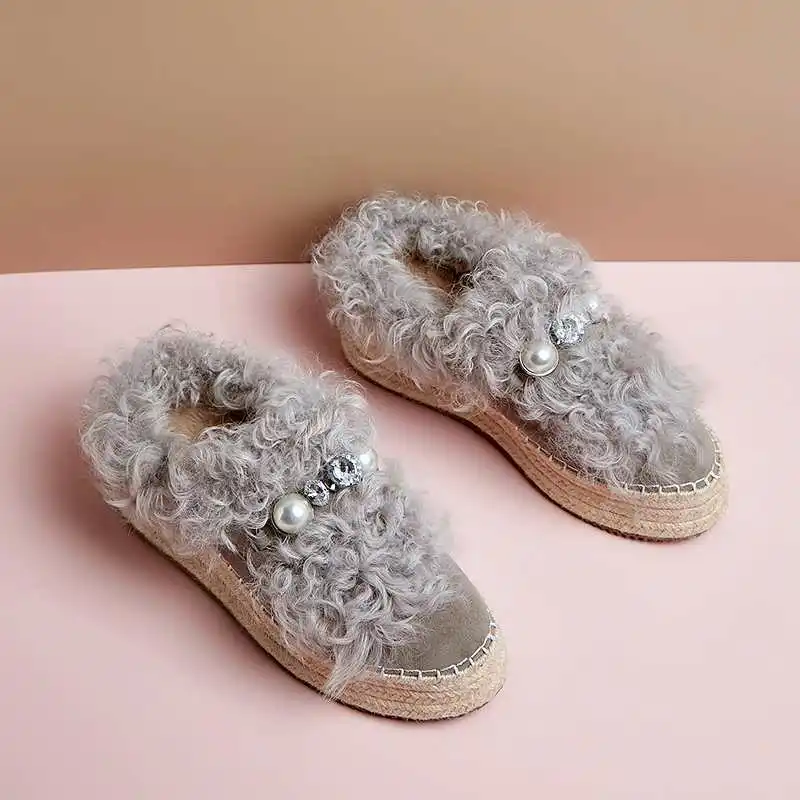 

Krazing Pot Princess style pearl crystal decorations sheep suede rabbit fur round toe high heels thick bottom women pumps L66