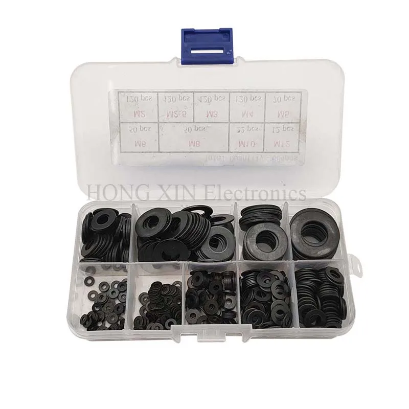 

684pcs/Set Plain Flat Washer Set M2 M2.5 M3 M4 M5 M6 M8 M10 M12 Carbon Steel Washers Black Gaskets Assortment Kit Ring