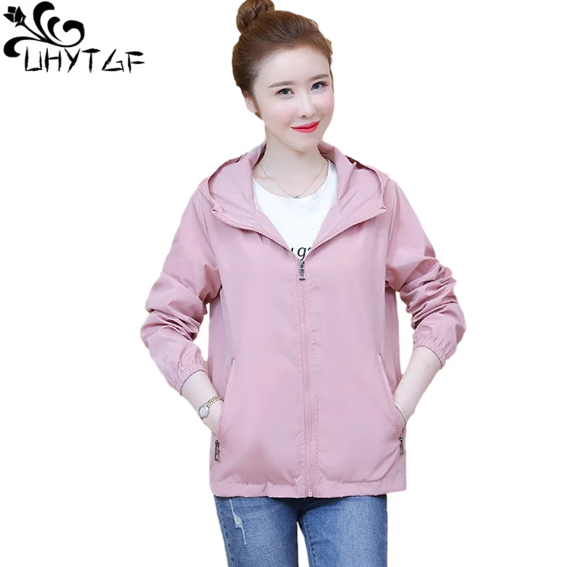 Куртка UHYTGF женская с капюшоном модная повседневная короткая однотонная тонкая