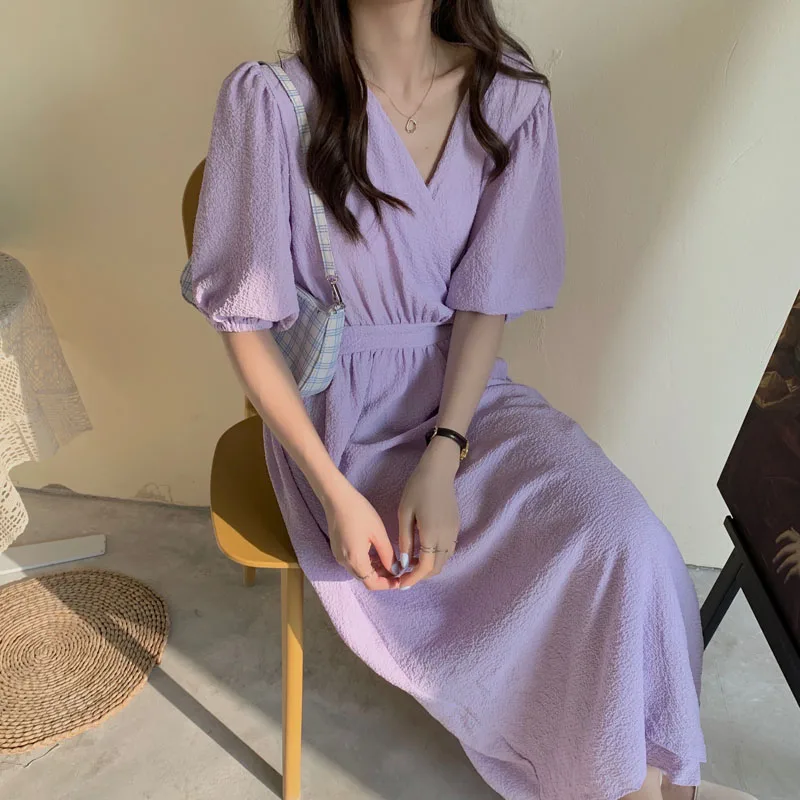 

2020 Women Summer Purple Elegant V Neck Long Wrap Dress Lacing Up High Waist A-line Midi Sundress Solid Color
