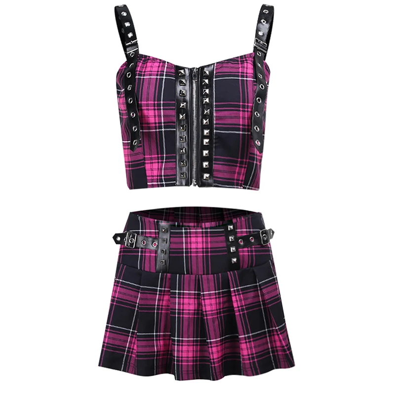 

InsGoth Punk Grunge Sexy Purple Skirt Suit Y2K Streetwear Backless Rivet Crop Tops Goth High Waist Pleated Mini Skirts 2pcs Sets