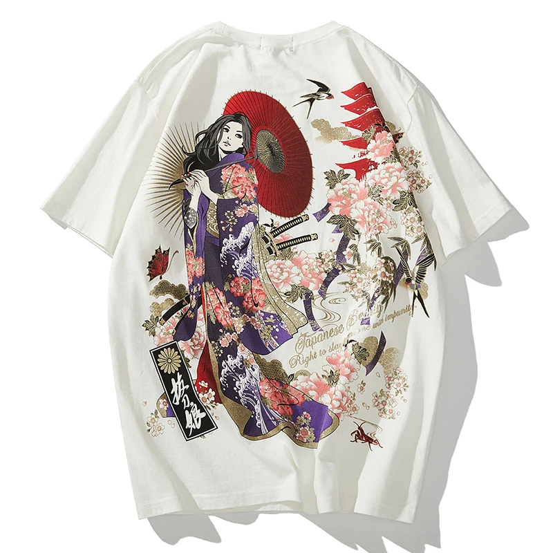 

2021 new Japanese fashion brand Ukiyo-e breathable printing wind and snow beauty warrior cotton short-sleeved T-shirt men