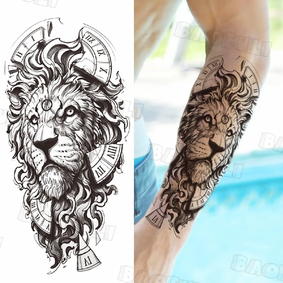 Черные большие временные татуировки с Львом для женщин и мужчин тигр Череп