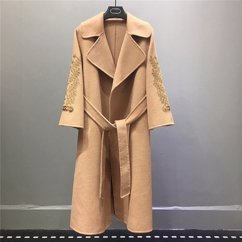 

Handmade Women Vintage Winter 95% Cashmere Long Coat Jackets Wool Overcoat Sashes Warm Cardigan Outwear Loose Cloak Embroidery