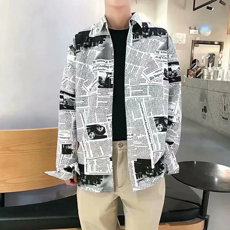 

Vintage English Newspaper Print Shirt Fashion New Long Sleeve Lapel Shirt Unisex