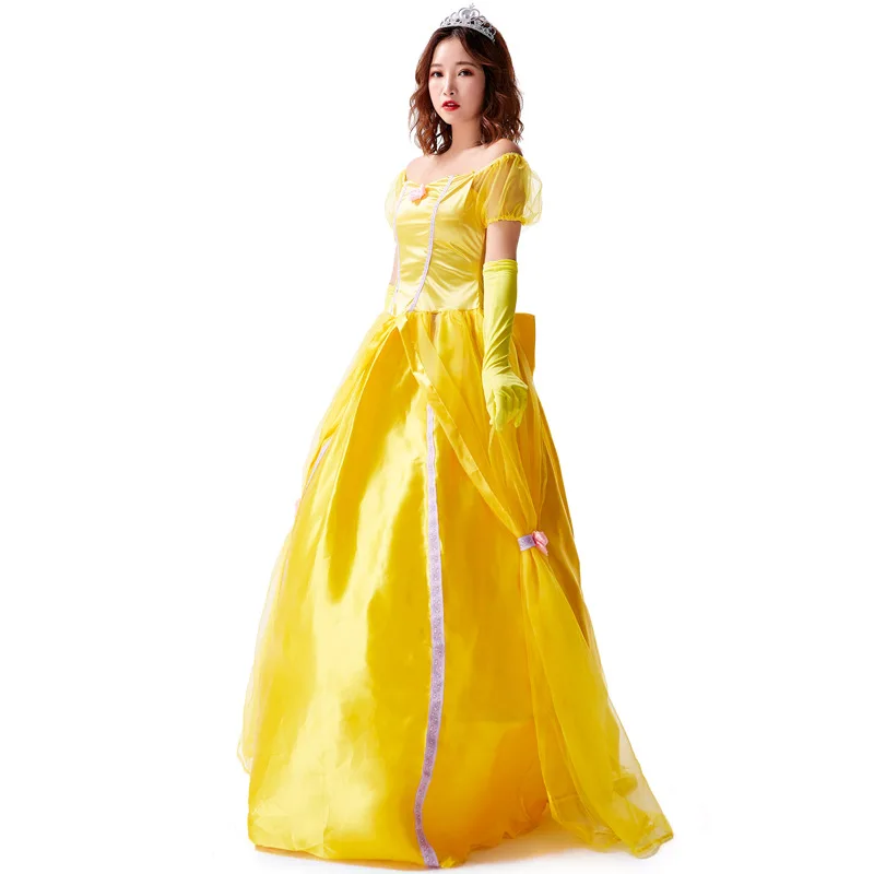 Желтое длинное платье с колокольчиком Красавица и чудовище костюм на Хэллоуин