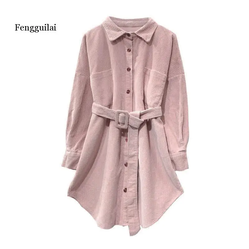 

FENGGUILAI Women Velvet Ivory Pink Solid Turn Down Collar Long Sleeve Full Sleeve Long Shirt Sash Corduroy High Street