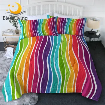 BlessLiving Rainbow Bedding Queen Striped Summer Duvet Colorful Quilt Set Waves Air-conditioning Comforter Bed Cover 3-Piece 1