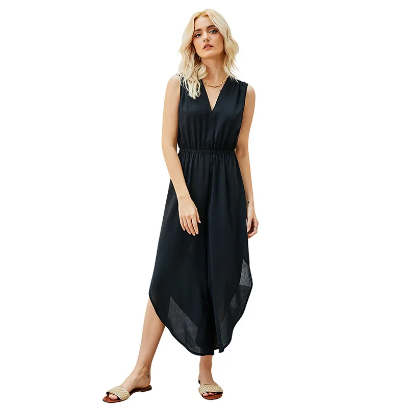 

Women Dress Jumpsuits Summer V-neck Long Dress High Waist Solid Color Dress Sleeveless Lace-up Split Irregular Dress Donsignet