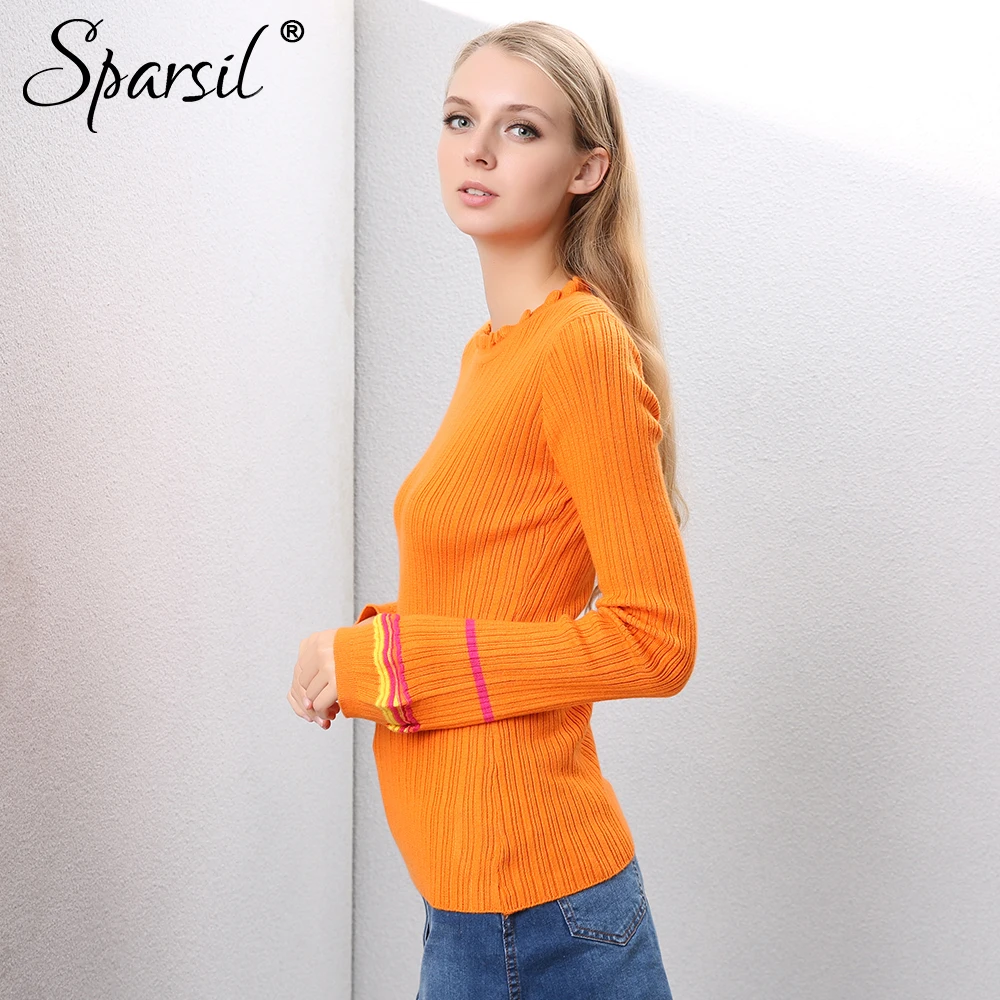 Clearance Sparsil Women Autumn Wool Sweater Ruffled Collar Lantern Sleeve Slim Knitted Woolen Pullover Soft Elastic StripeJumper | Женская