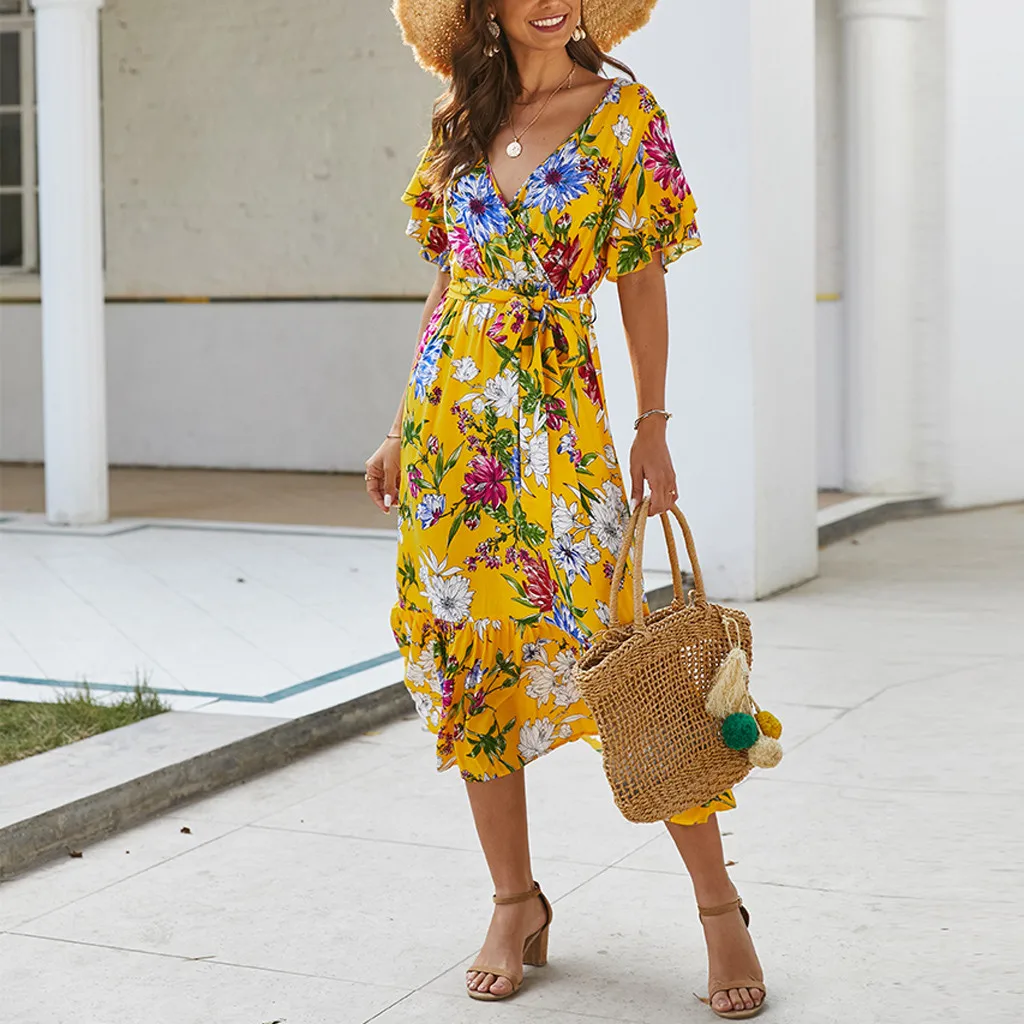 Летние платья с принтом для женщин Bohe Бандажное короткое платье рюшами и