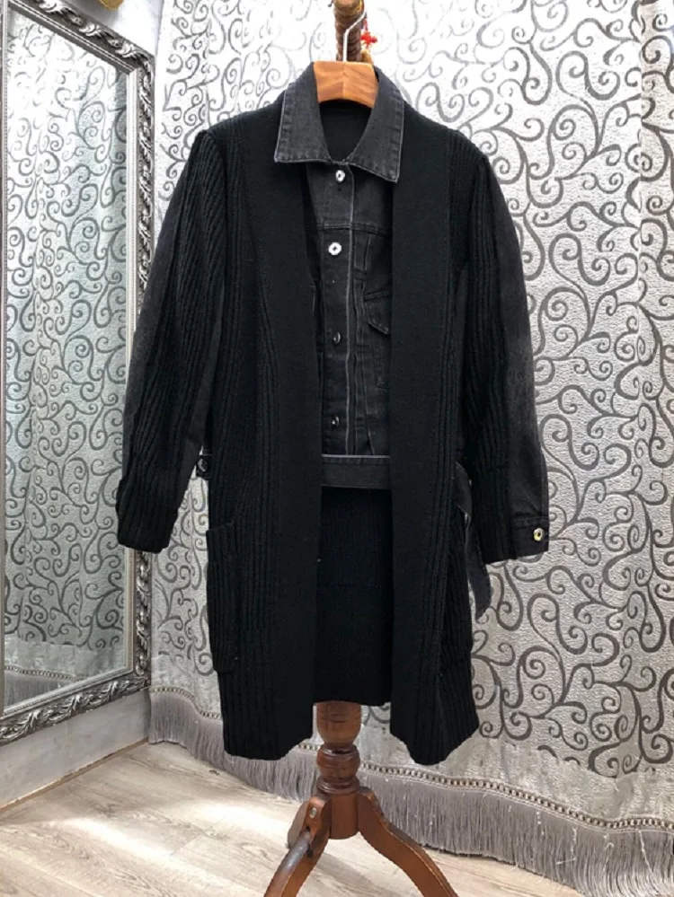 

Top Quality New Long Coats 2020 Autumn Designer Women Turn-down Collar Denim Knitting Patchwork Long Sleeve Casual Coat Outwear