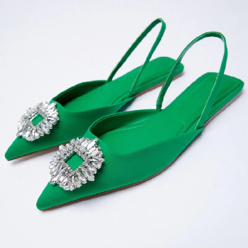 

2021 Summer New Green Single Shoes Women Brethable Fashion Pointed Toe Flat Sexy Rhinestone Muller Sandals And Slippers Luxury