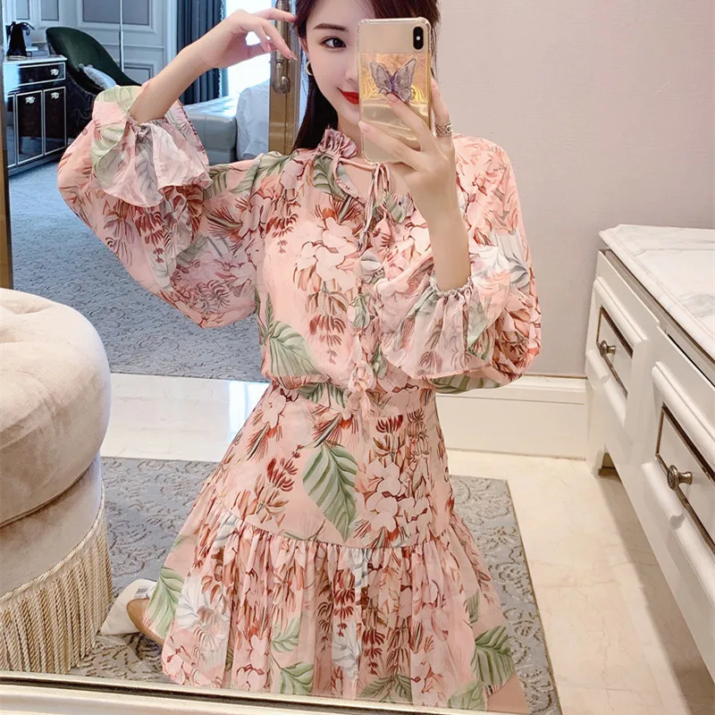 

New 2021 Long sleeve Floral Print Ruffles Mini Dress Women Casual Vacation Short Dresses q096