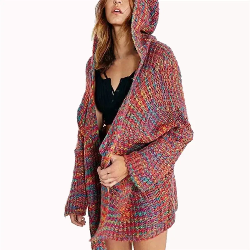 2019 Модный женский зимний цветной кардиган с капюшоном и длинным рукавом свитер