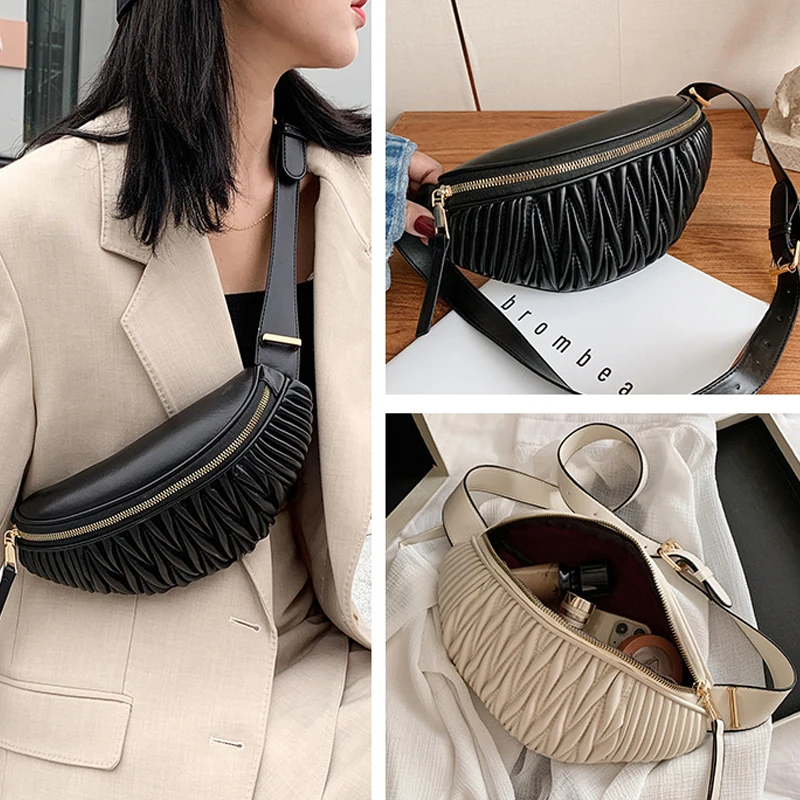 

Luxury Waist Bag Pleated Striped Belt Bag Ladies Fashion Designer Leather Chest Bag Brand Woman Shoulder Bags Cross Body Bag