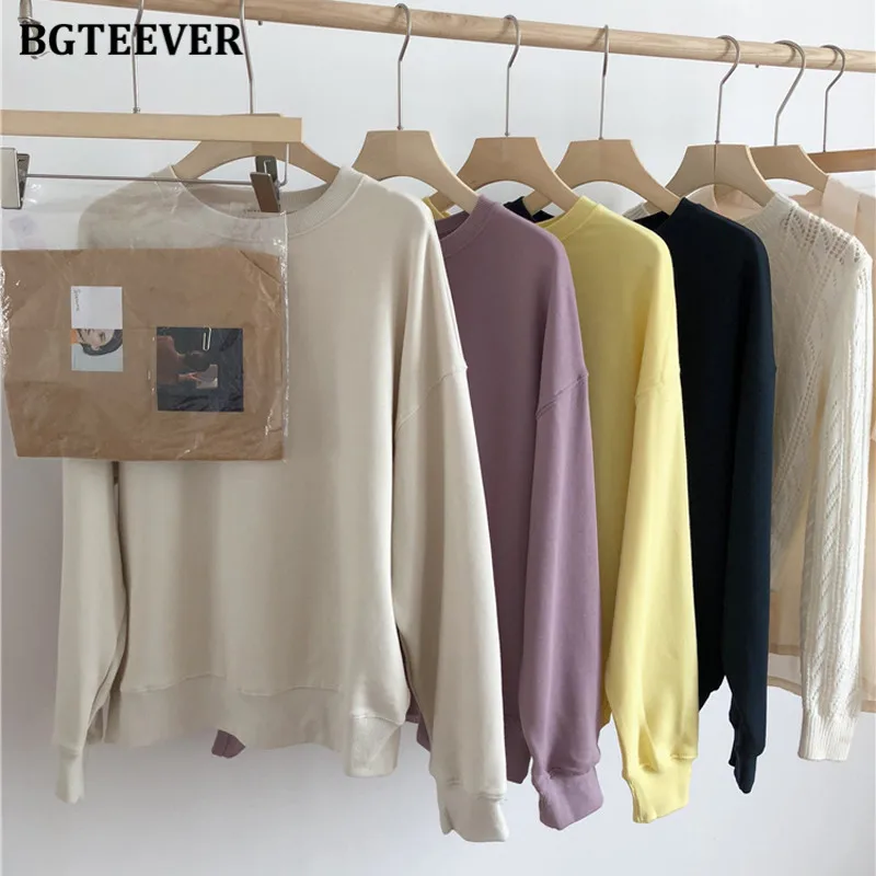 

BGTEEVER Casual Solid O-neck Women Sweatshirts 2020 Autumn Winter Loose Full Sleeve Women Outwear Tops Casual Female Tracksuits