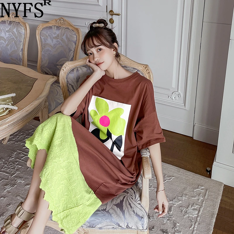 

NYFS Summer Dress 2021 Korean New Loose short sleeve Woman Dress Vestidos Robe Elbise Fashion Print Patchwork Lace Deresses