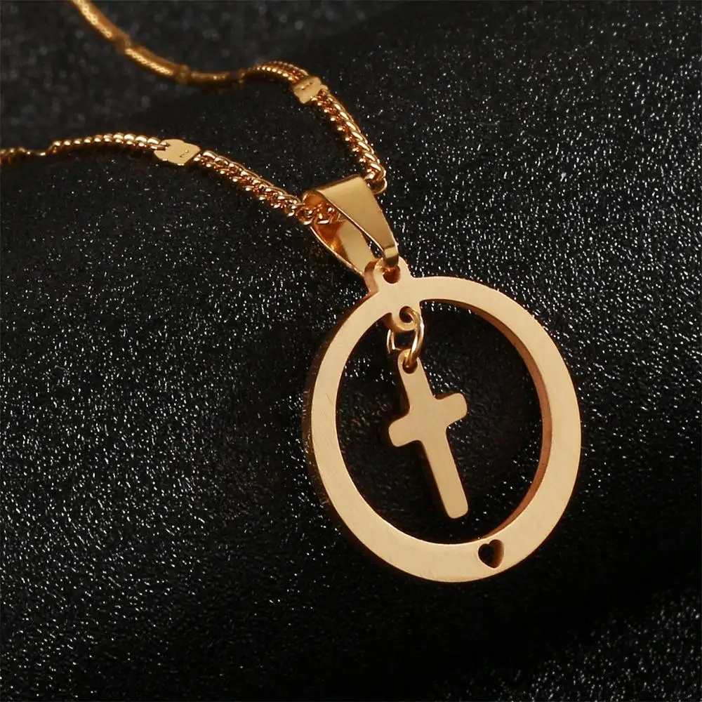 Ожерелье из нержавеющей стали с подвеской в виде круглого Креста Иисуса и сердца