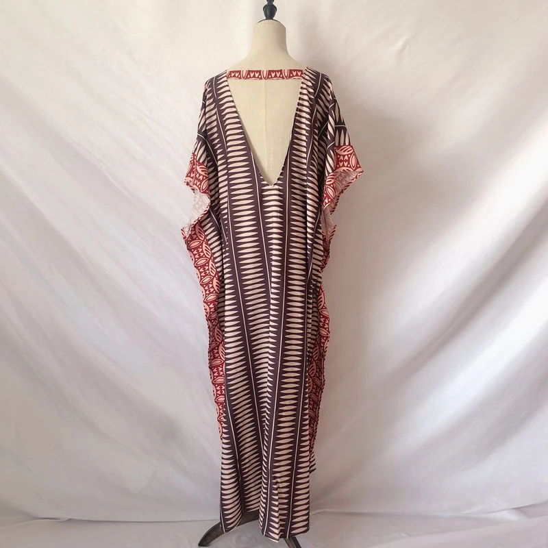 India Kaftan Dress V-Neck Lace Up Ethnic Traditional Patter Print Maxi Caftan Batwing Short Sleeve Beach Cover Morocco Tunics | Женская