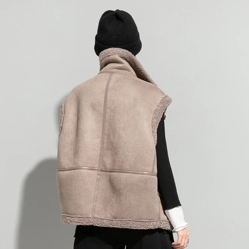 

Loose Fit Women Apricot Big Size Pu Leather Thick Vest New Stand Collar Sleeveless Fashion Autumn Winter 2021 1DD1442
