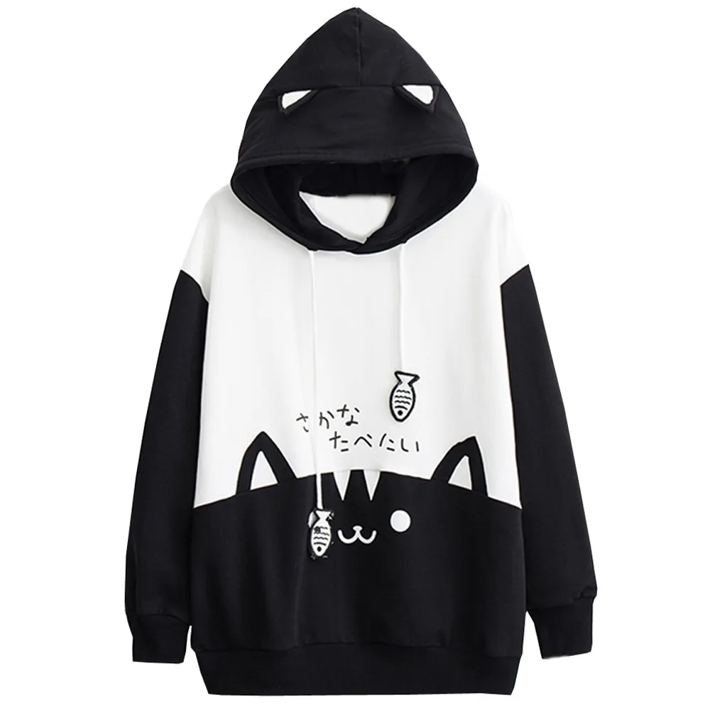 Womens Casual Sweatshirt Long Sleeve Cute Cat Print Pocket Thin Hoodie Top Streetwear Women Oversized Hoodies Moletom Feminino