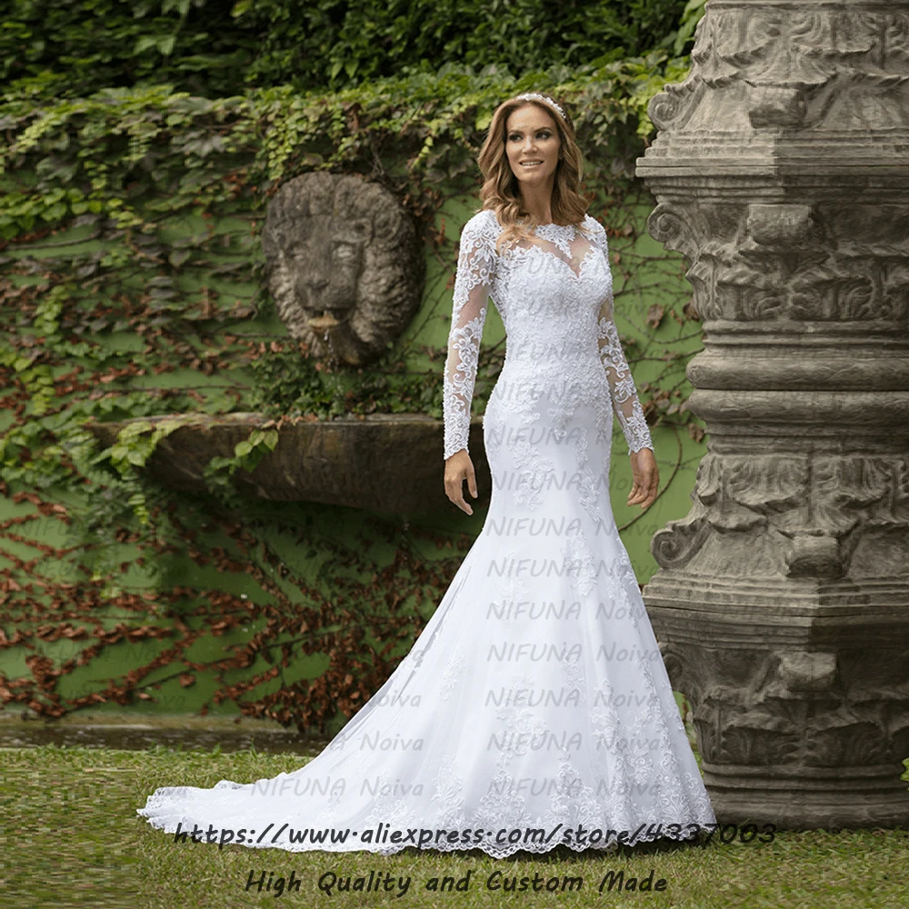 Женское свадебное платье с длинным рукавом белое кружевное платье-Русалка со
