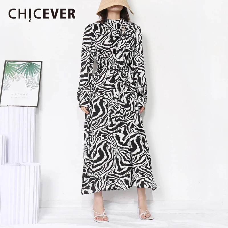 

CHICEVER, винтажное длинное платье с принтом зебры для женщин, водолазка, рукав-фонарик, высокая талия, хит, цвет, осенние платья, женская мода