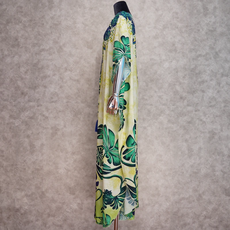 Пляжное платье с треугольным вырезом зеленое принтом в виде бохо хлопковое