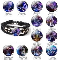 new 12 constellation bracelet charms zodiac sign glass cabochon punk jewelry black multilayer leather bracelet women men gift