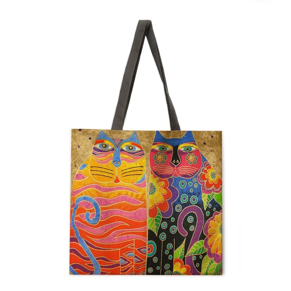 

Outdoor beach bag golden cat combination linen tote bag female leisure portable lady shoulder bag foldable shopping bag