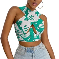 women strappy cross over front cut out halter neck sleeveless backless crop top printed vest summer sexy tops woman clothes