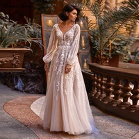 magic awn full sleeves boho wedding dresses 2021 lace appliques illusion beach bridal gowns a line princess vestido de novia
